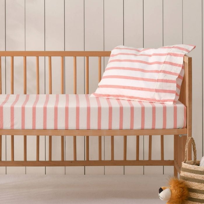 Dreamaker Baby Bask Washed Cotton Yarn Dyed Stripe Fitted Sheet Set Coral Large Cot