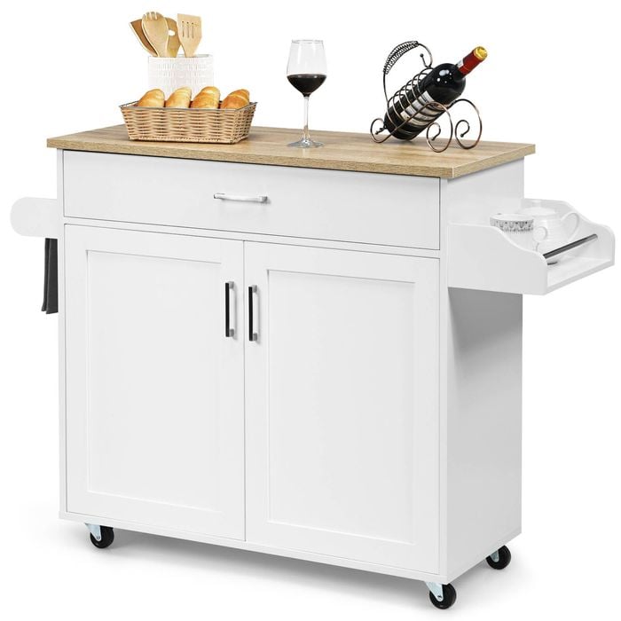 Costway Mobile Kitchen Island Trolley Sideboard W/spice Rack White