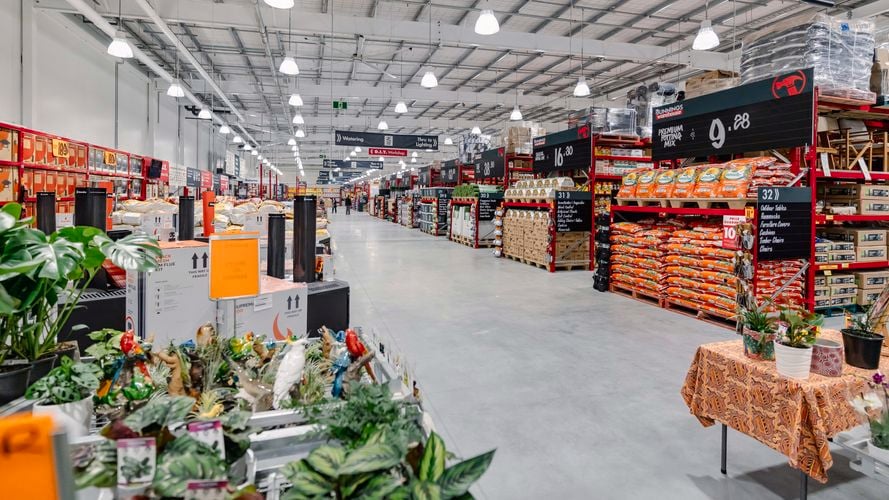Wide interior view of a Bunnings store, showcasing the garden and outdoor aisle.