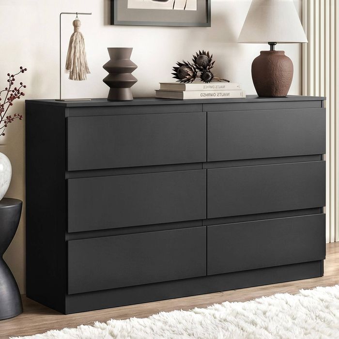 Homfurn 6-drawer Chest – 120cm, Minimalist Style, Groove Handle Design, Full Floor Base, 60kg Capacity, Black