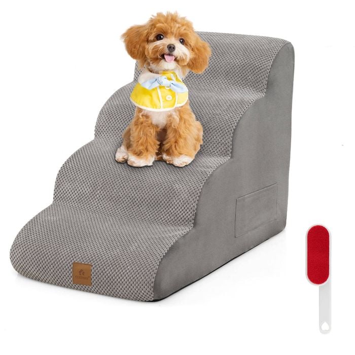 Costway 4-steps Dog Ramp Foam Pet Stair W/pet Hair Remover & Pocket Grey
