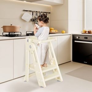 Advwin Foldable Kids Step Stool Adjustable Standing Tower Beige