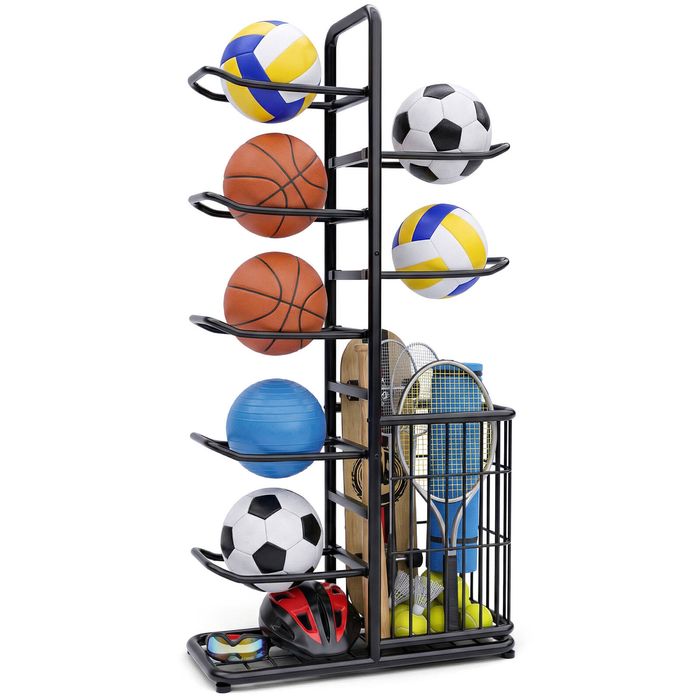 Advwin 7-tier Sports Ball Storage Rack, Vertical Basketball Stand With 50cm Side Organiser Basket, for Garage, Gym