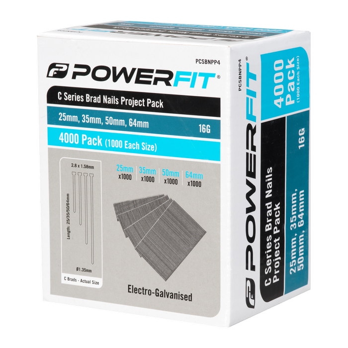 PowerFit C Series Electro-Galvanised Brad Nails Project Pack
