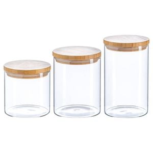 Argon Tableware Glass Storage Jar Set - Wooden Lids - Modern Round Scandi Organisation Container Glass Jar - 3 Sizes