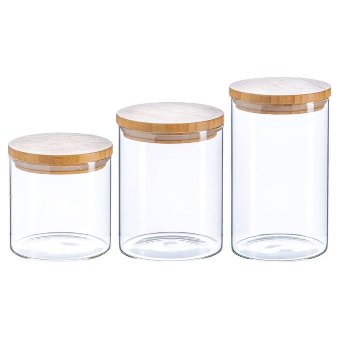 Argon Tableware Glass Storage Jar Set - Wooden Lids - Modern Round Scandi Organisation Container Glass Jar - 3 Sizes