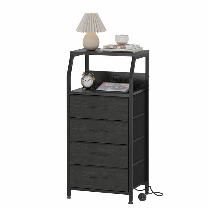 Advwin Bedside Table With Charging Station, 4-drawer Fabric Nightstand With Storage Shelf, Black