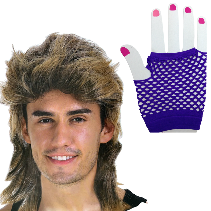 2Pcs Set Golden Blonde Bullet Wig + Fishnet Gloves 70s 80s Wos Costume Party Purple One-Size