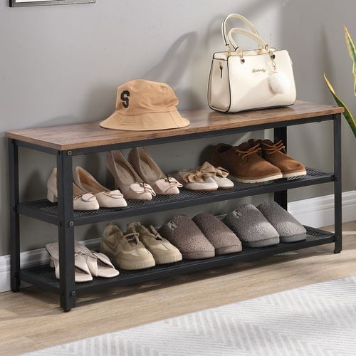 HOMFURN 3 Tier Shoe Bench with Storage Entryway Shoe Rack with Mesh Shelves Wood Seat Rustic Brown Bunnings Australia