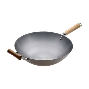 Pyrolux Wok Spun Carbon Steel With Long Wooden Handle & Helper 36cm