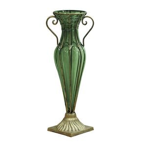 SOGA 47cm Tall Green Glass Vase with Gold Handles