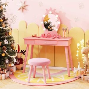 Costway 2-in-1 Kids Makeup Vanity Table Xmas Gift W/3-color Leds - Pink