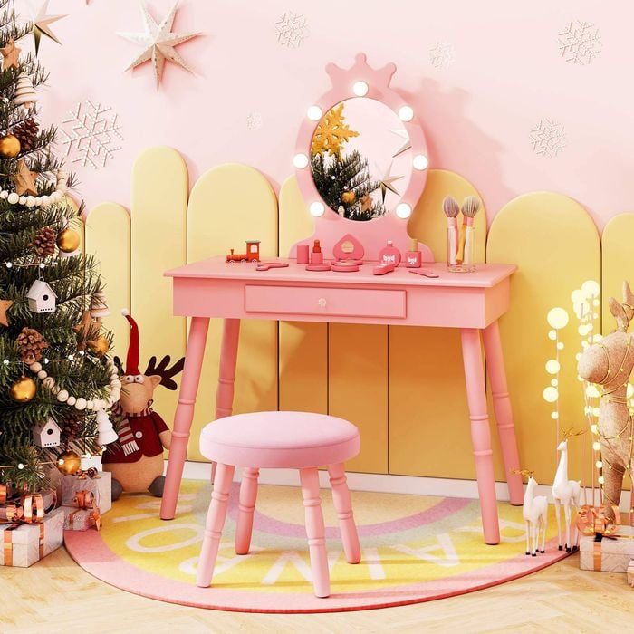 Costway 2-in-1 Kids Makeup Vanity Table Xmas Gift W/3-color Leds - Pink