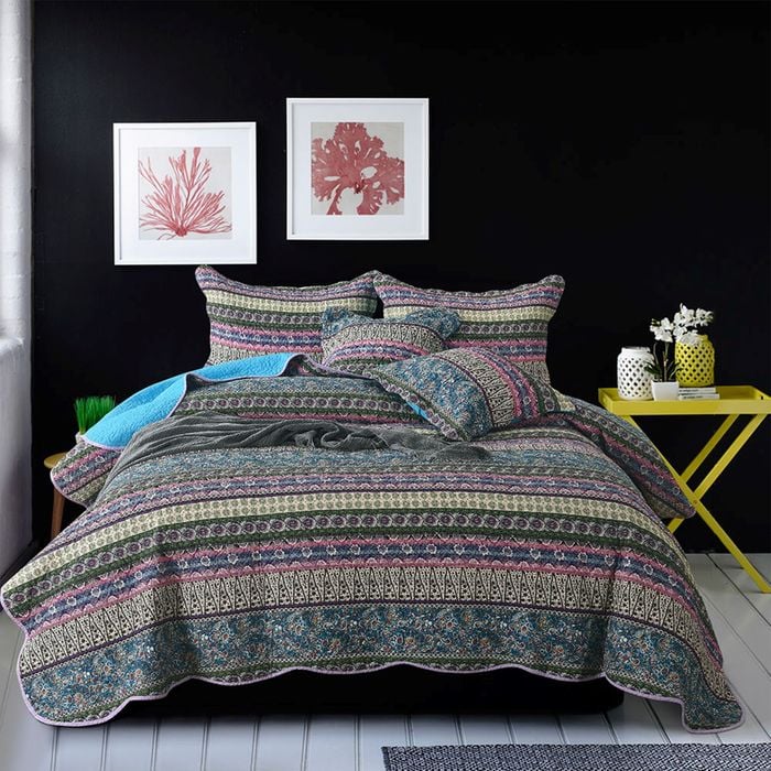 Quilted Queen/King Size Cotton Coverlet Bedspread Set Blue and Purple