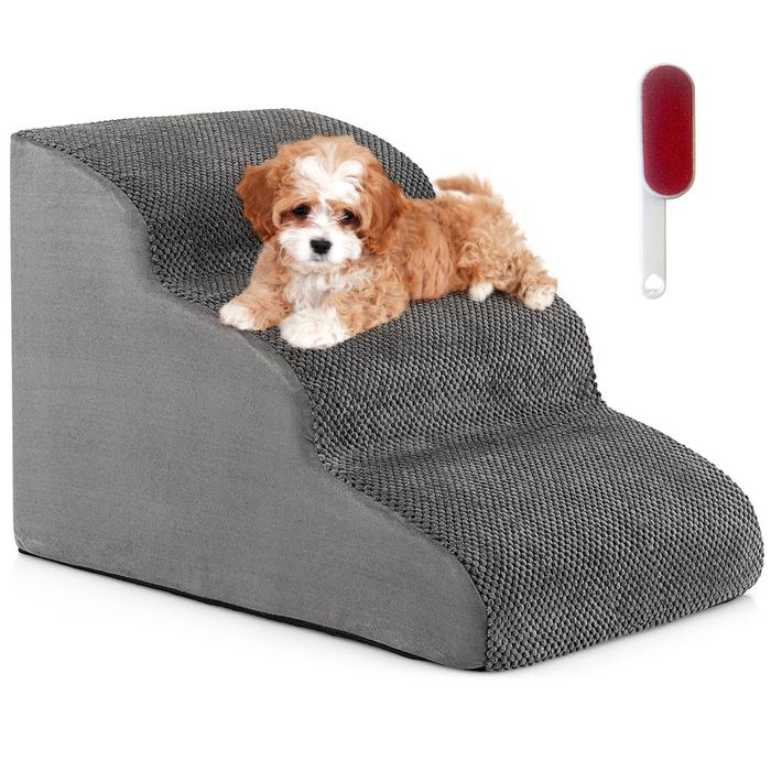 Costway 3-Tier Dog Ramps Steps Pet Stairs w/Pet Hair Remover Grey
