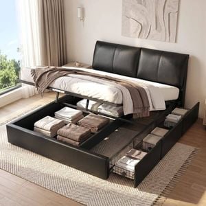 Homfurn King Bed Frame With Gas Lift Storage & 3 Drawers – Adjustable Headboard, 300kg Capacity, Black