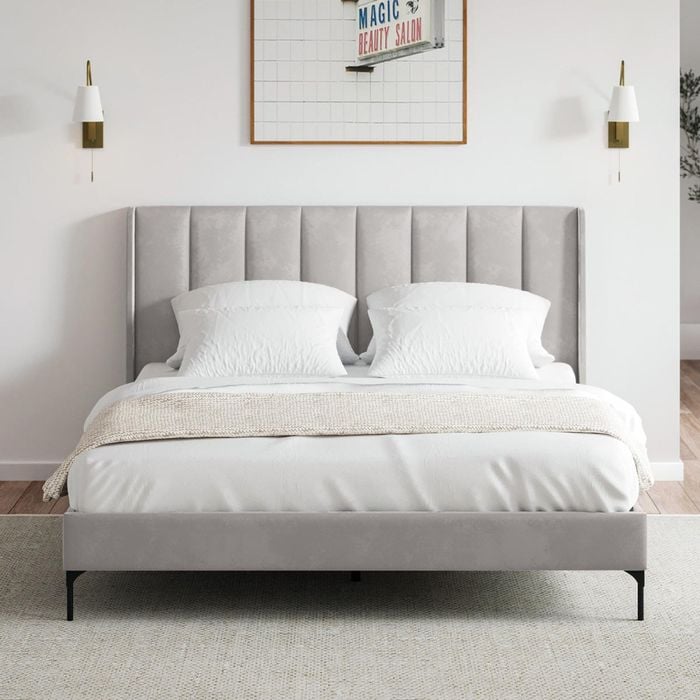 Brooklyn Queen Taupe White Velvet Upholstered Bed Frame