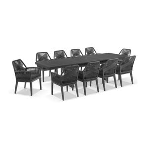 Austin Outdoor 2.2m - 3m Extension Aluminium Table Charcoal With 10 Hugo Chairs & Denim Grey Cushions