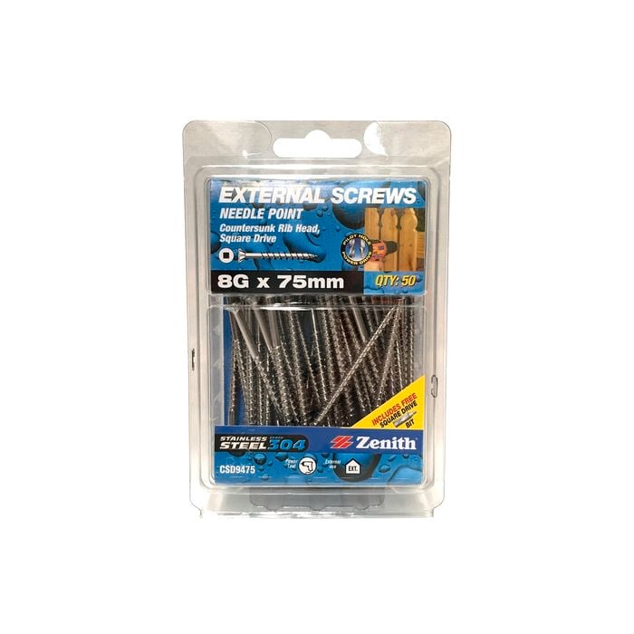 Zenith 8G x 75mm Stainless Steel 304 Square Drive External Screw - 50 Pack