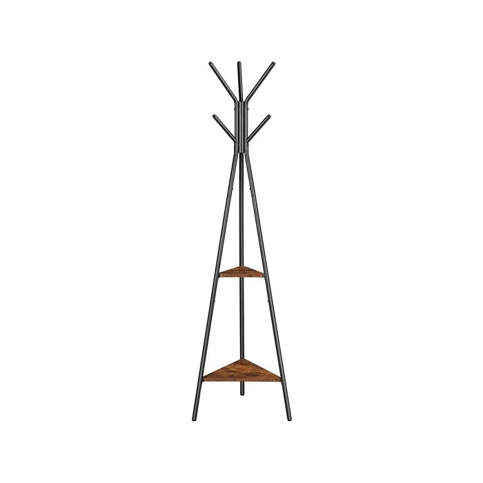 Black Coat Rack Stand Industrial Style 2 Shelves Clothes