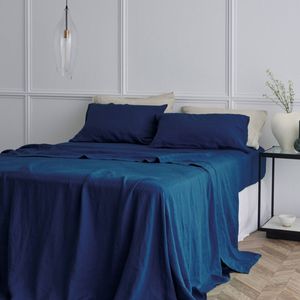 Bedding Co. Sheet Set 100% French Flax Linen Soft Navy Blue Single