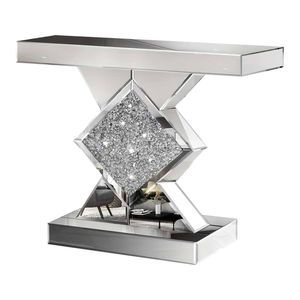 P&P Silver Mirrored Console Table with Broken Diamond Detail for Narrow Hallways Interior