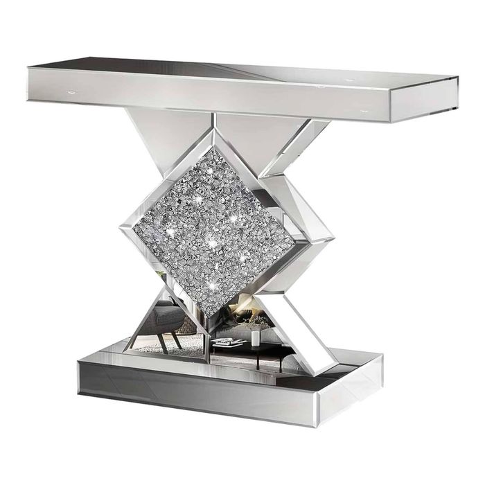 P&P Silver Mirrored Console Table with Broken Diamond Detail for Narrow Hallways Interior