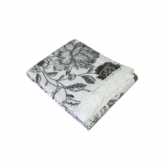 Botanical Printed Premium 60% Cotton 40% Linen Table Cloth With White Lace Edging 140 X 180 Cm / 4 Seater