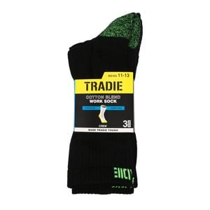 Tradie Men's Black Ribbed Cotton 3 Pack Crew Socks - Size 11-13