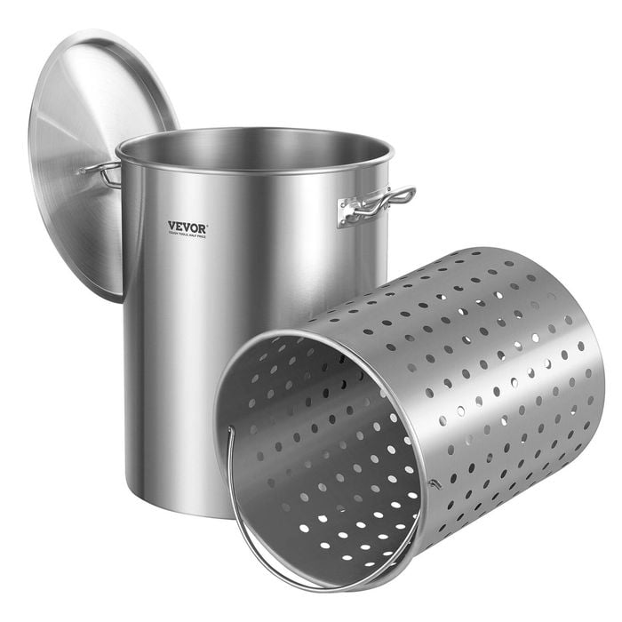 VEVOR Stockpot Silver 36 Quart Large Cooking Pots Stainless Steel with Basket for Home