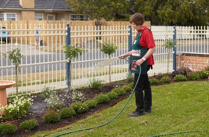 A woman watering a garden bed with standard roses and a bird bath