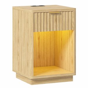 Advwin Fluted LED Bedside Table with Charging Station,Wooden Drawer & Shelf, Oak