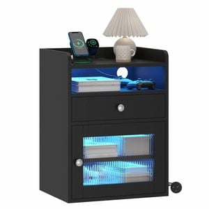 Advwin Bedside Table Acrylic Door With with Charging Station & LED Light, Black