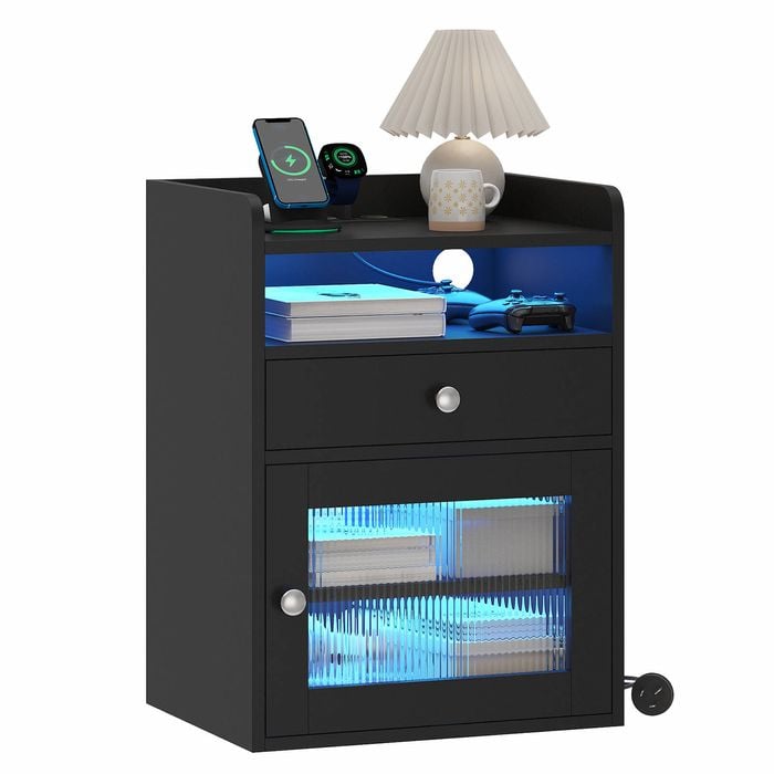 Advwin Bedside Table Acrylic Door With with Charging Station & LED Light, Black