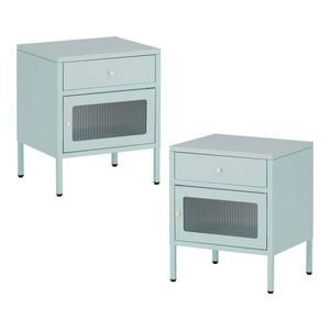 Familand Set of 2 Steel Side End Table Bedside Tables nightstand with Storage Drawer in Mint Green