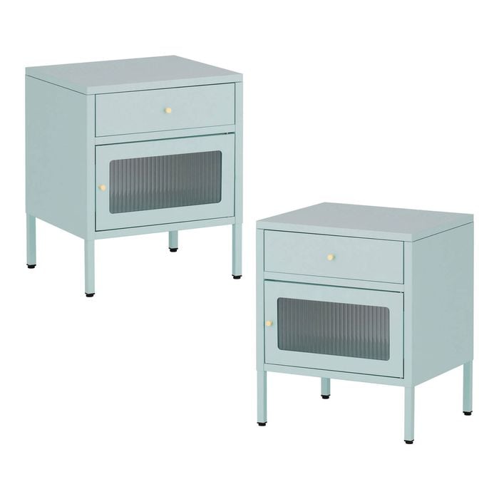 Familand Set of 2 Steel Side End Table Bedside Tables nightstand with Storage Drawer in Mint Green