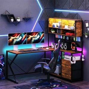 Advwin L Shaped Gaming Desk with LED Lights & Power Outlets Reversible 130cm Computer Desk with Display Cabinet Walnut