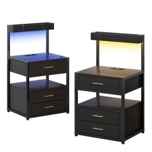 Advwin 2xbedside Table With Charging Station And Led Lights 3 Drawers And Top Storage Groove Black