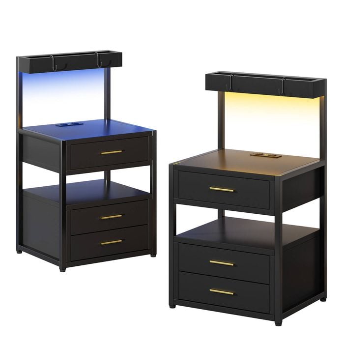 Advwin 2xbedside Table With Charging Station And Led Lights 3 Drawers And Top Storage Groove Black