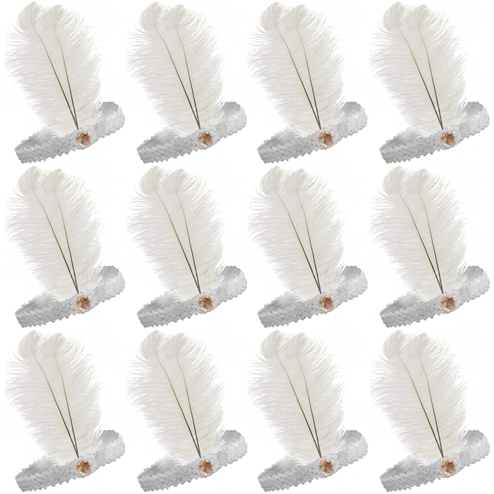 12x 1920s FLAPPER HEADBAND Headpiece Feather Sequin Charleston Gatsby Party BULK White
