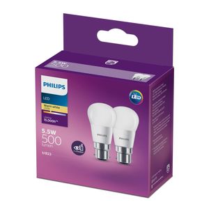 Philips B35 B22 LED 500Lm Warm White 5.5W Fancy Round - 2 Pack