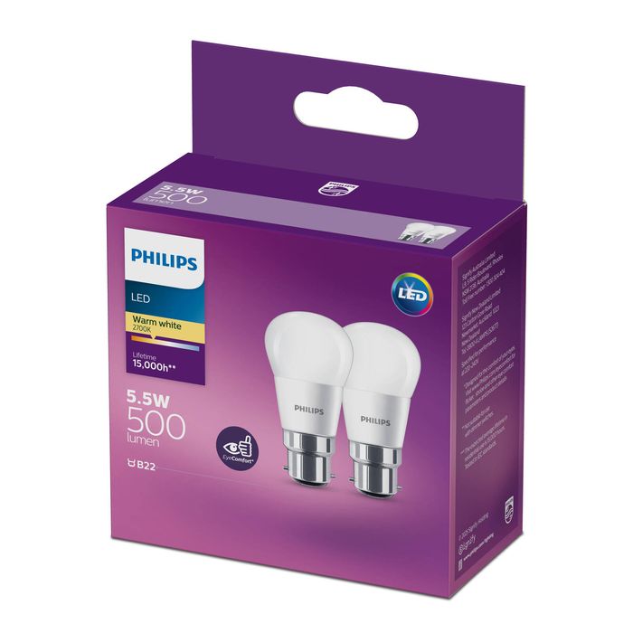 Philips B35 B22 LED 500Lm Warm White 5.5W Fancy Round - 2 Pack