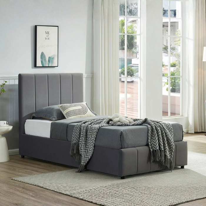 Big Lot Velvet Dark Grey Camila Gas Lift Storage Bed Frame - Velvet Dark Grey, King Single