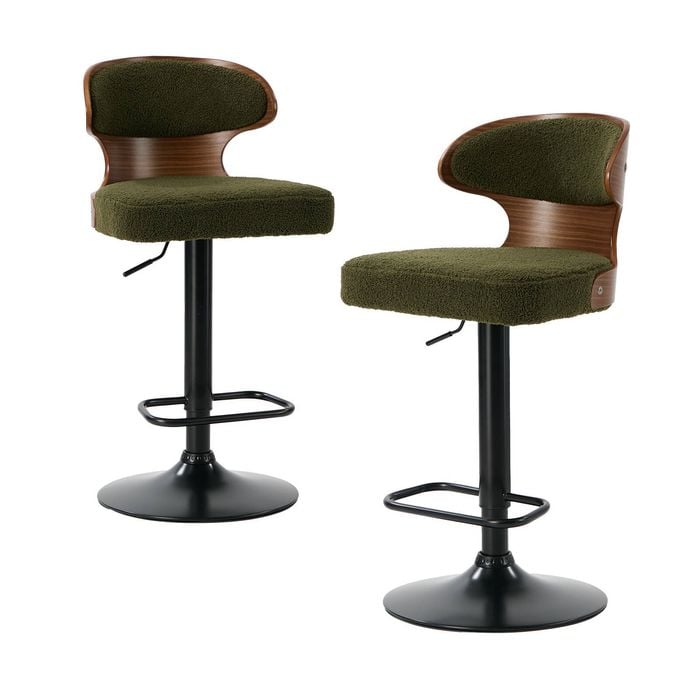 Oikiture 2x Bar Stools Swivel Gas Lift Boucle Retro Green MOD