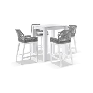 Santorini Outdoor Aluminium Square Bar Table White With 4 Hugo Rope Stools & Grey W/textured Olefin Cushions