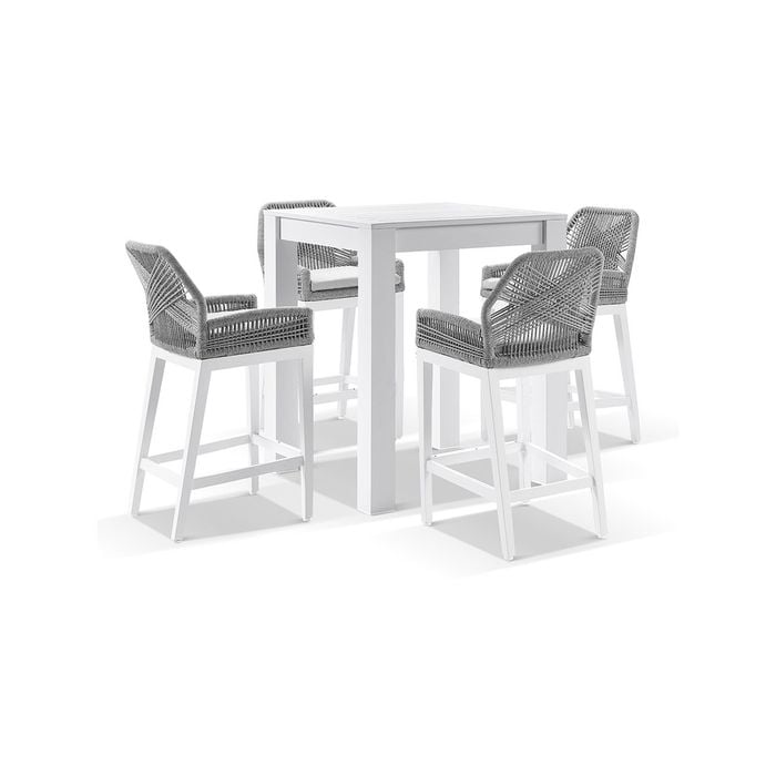 Santorini Outdoor Aluminium Square Bar Table White With 4 Hugo Rope Stools & Grey W/textured Olefin Cushions