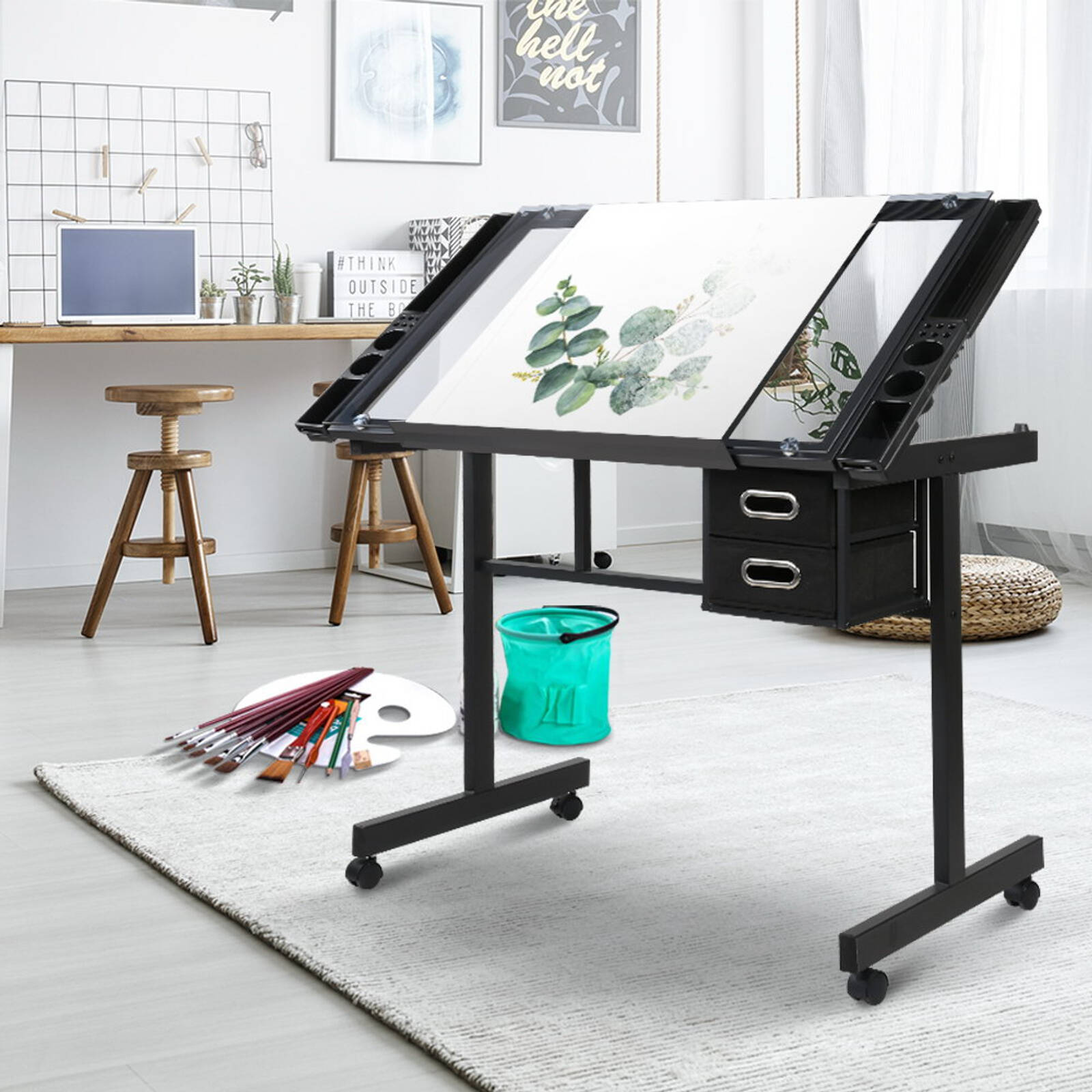 CAVINAS Adjustable Tempered Glass Drafting Table With Chair,75° Tilting Drawing Desk W/Storage Drawers And Steel Frame (31.5"-49.5" Height