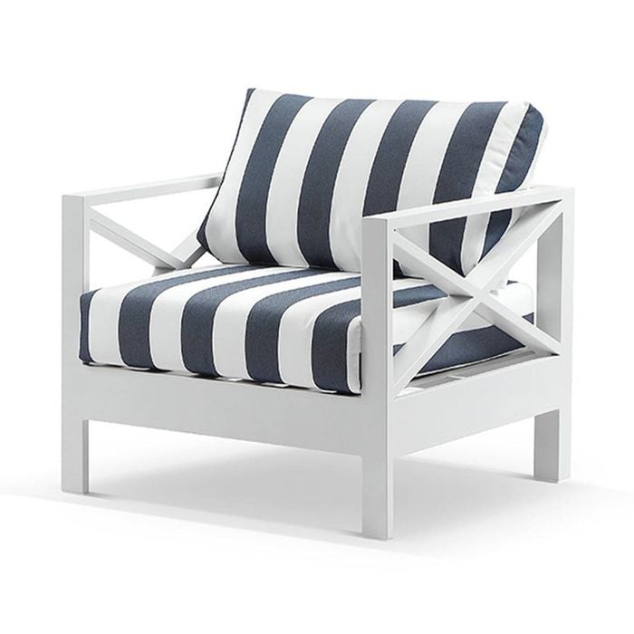 Kansas 1 Seater Lounge Arm Chair White & Navy Stripe Cushions