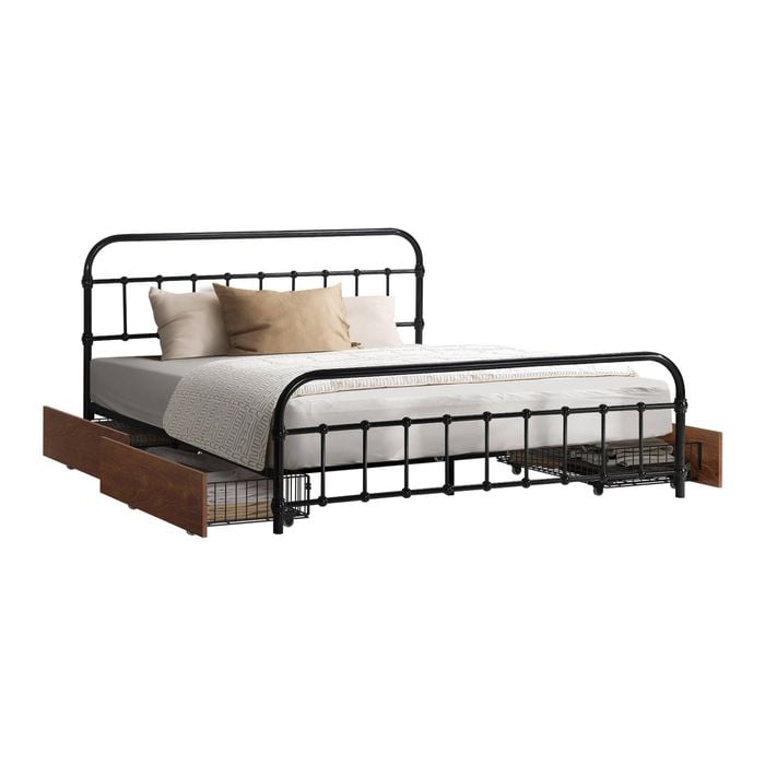 Oikiture Metal Bed Frame Queen Size Bed Base With 4 Drawers Black
