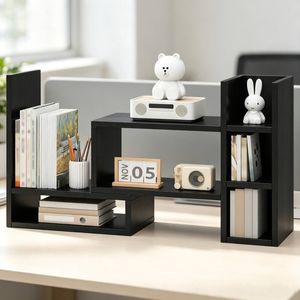 Ufurniture 4-Tier Desk Bookshelf with Storage, Wire Grid & 5 Hooks, Freestanding Table Shelf, Black